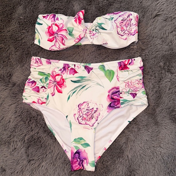 TiniBikini Floral Bandeau Bow Bikini Top & High Waisted Ruched Bottoms - Picture 1 of 6